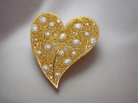 Exceptional Filigree Heart with Faux Pearls Vintage Brooch - Lamoree’s Vintage