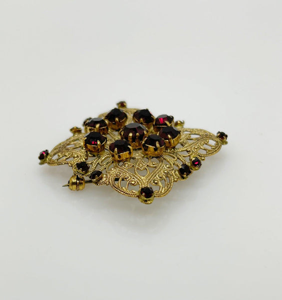 Intricate Vintage Gold Tone Brooch with Ruby Red Stones - Lamoree’s Vintage