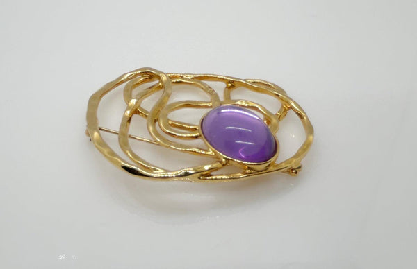 Vintage Avon "Golden Web” Brooch with Purple Cabochon Center - Lamoree’s Vintage