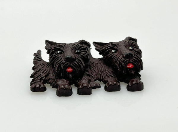 Vintage Czech Chocolate Brown Celluloid Scottie Dogs Brooch - Lamoree’s Vintage