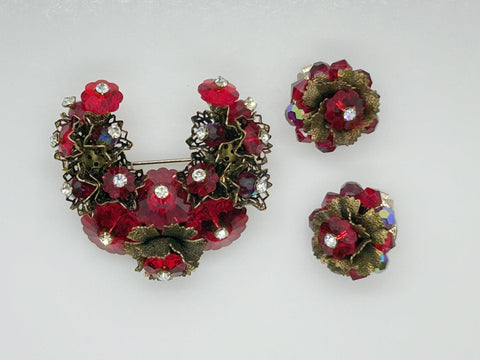 Vintage Red Faceted Red Stone Floral Brooch and Earring Set - Lamoree’s Vintage