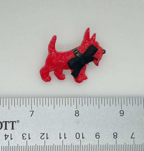 Vintage Red Plastic Scottie Dog with Black Fabric Bow - Lamoree’s Vintage