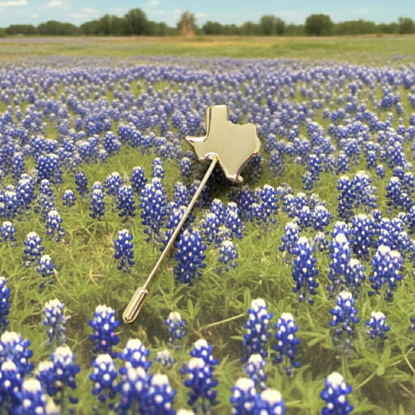 Gold-tone Texas state-shaped stickpin from the 1970s, featuring a polished silhouette mounted on a secure needle with protective clutch. Measures 2.5" excluding cap. Vintage lapel pin or tie tack perfect for adding Texas pride to any outfit.
