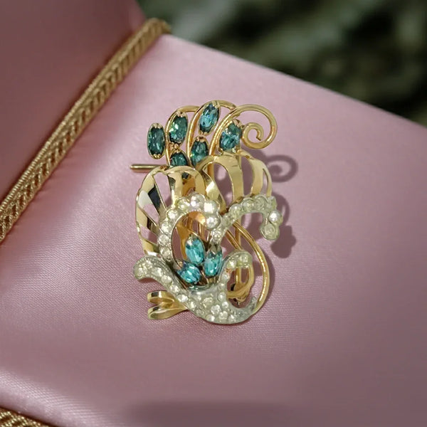 Charles Reis Vintage 12k Gold Filled Brooch Pin with Clear and Blue Rhinestones - Lamoree’s Vintage