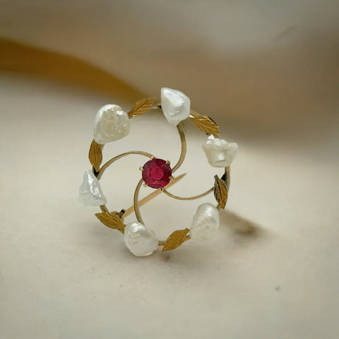 Antique Circle Brooch with Red Stone and Seed Pearls