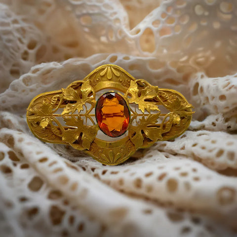 Antique Victorian Brooch Pin With Golden Large Stone and Leaf Detail