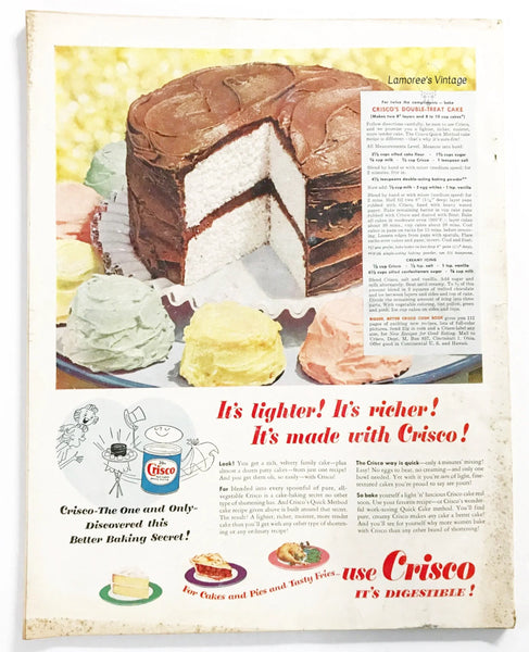 Vintage Crisco advertisement with a cake and text about its benefits