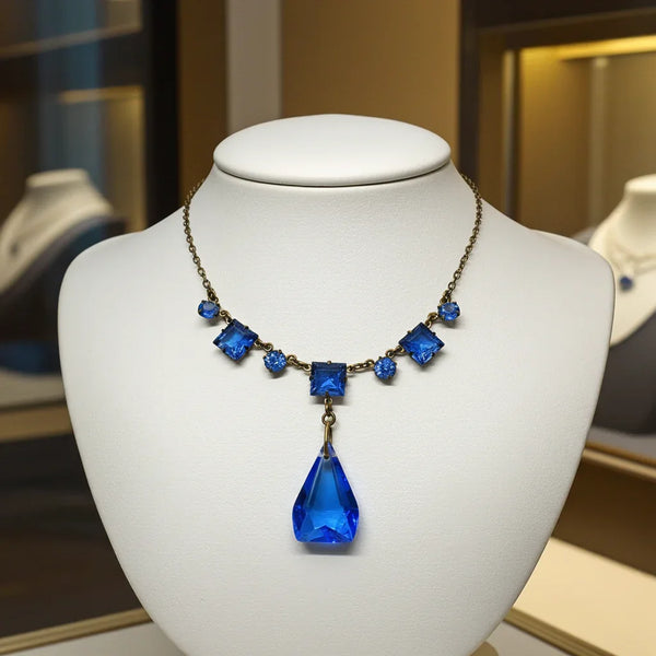 Perfect for jewelry lovers: our Vintage Art Deco Drop Blue Glass Necklace provides a beautiful blue drop design with premium heritage craftsmanship. Shop today!