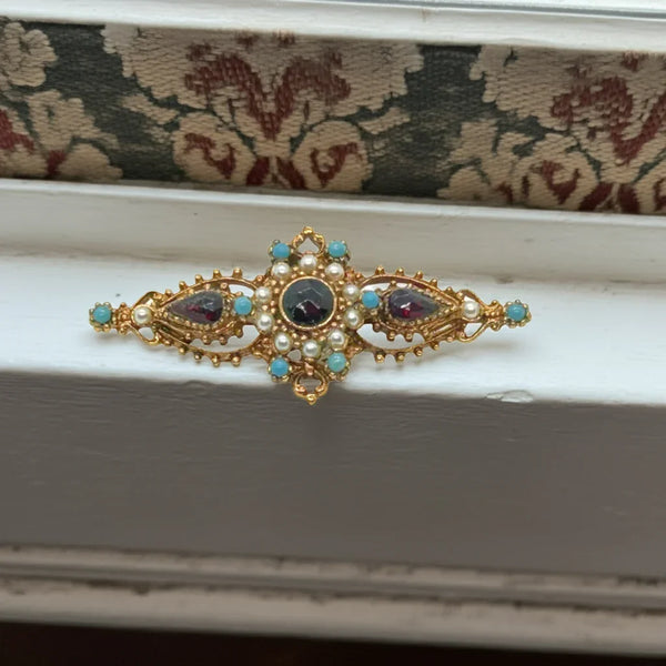 This is another example of the stunning craftsmanship and design elegance produced by the ART company. It was founded by Arthur Pepper in the 1940s-1950s, and ended production in the 1970s. Their pieces (at least my favorites) are characterized by an elaborate Victorian style setting with tiny faux pearls, garnets and turquoise stones.