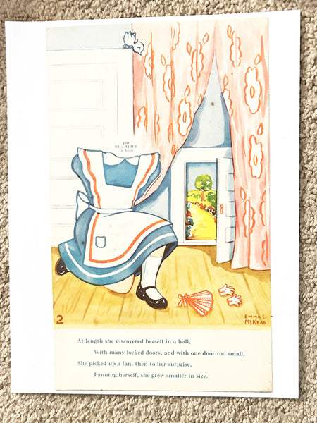 This is a vintage boxed set of "Animated Alice in Wonderland Dolls" paper dolls manufactured by the Milton Bradley Company. The set, number 4109, was designed by Emma C. McKean and includes seven scene cards where the dolls can be inserted into die-cut slits to "animate" the scenes.