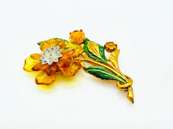 Statement 4" Vintage Butterscotch Floral Brooch provides bold elegance with amber colored petals and sparkling rhinestone center. Shop today!