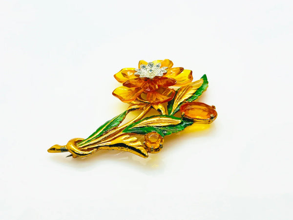 Statement 4" Vintage Butterscotch Floral Brooch provides bold elegance with amber colored petals and sparkling rhinestone center. Shop today!