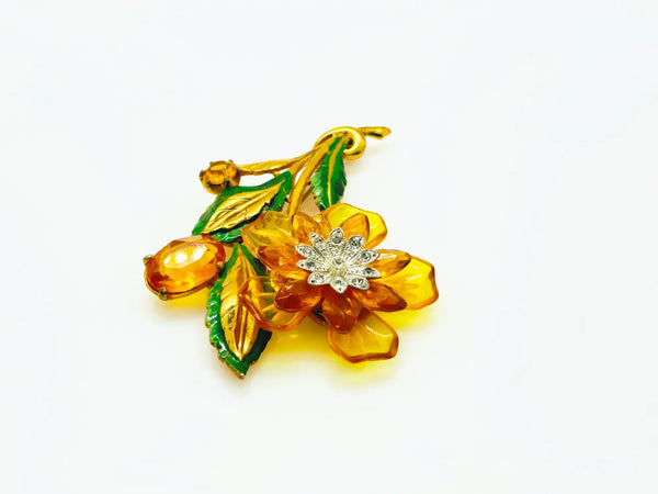 Statement 4" Vintage Butterscotch Floral Brooch provides bold elegance with amber colored petals and sparkling rhinestone center. Shop today!