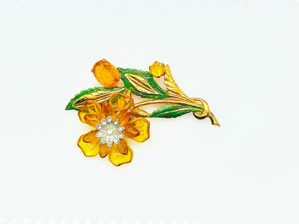 Statement 4" Vintage Butterscotch Floral Brooch provides bold elegance with amber colored petals and sparkling rhinestone center. Shop today!
