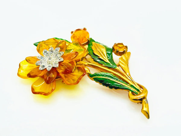Statement 4" Vintage Butterscotch Floral Brooch provides bold elegance with amber colored petals and sparkling rhinestone center. Shop today!