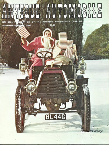 Cover of 'Antique Automobile' magazine featuring a vintage car with Santa Claus in the driver's seat.