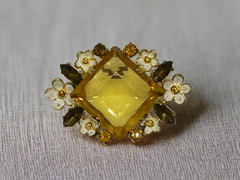 Antique Clear Yellow Stone Brooch with Enamel Blossoms