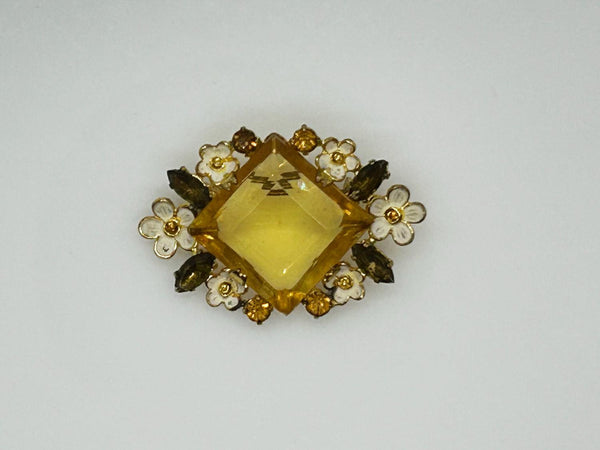 Antique Clear Yellow Stone Brooch with Enamel Blossoms - Lamoree’s Vintage