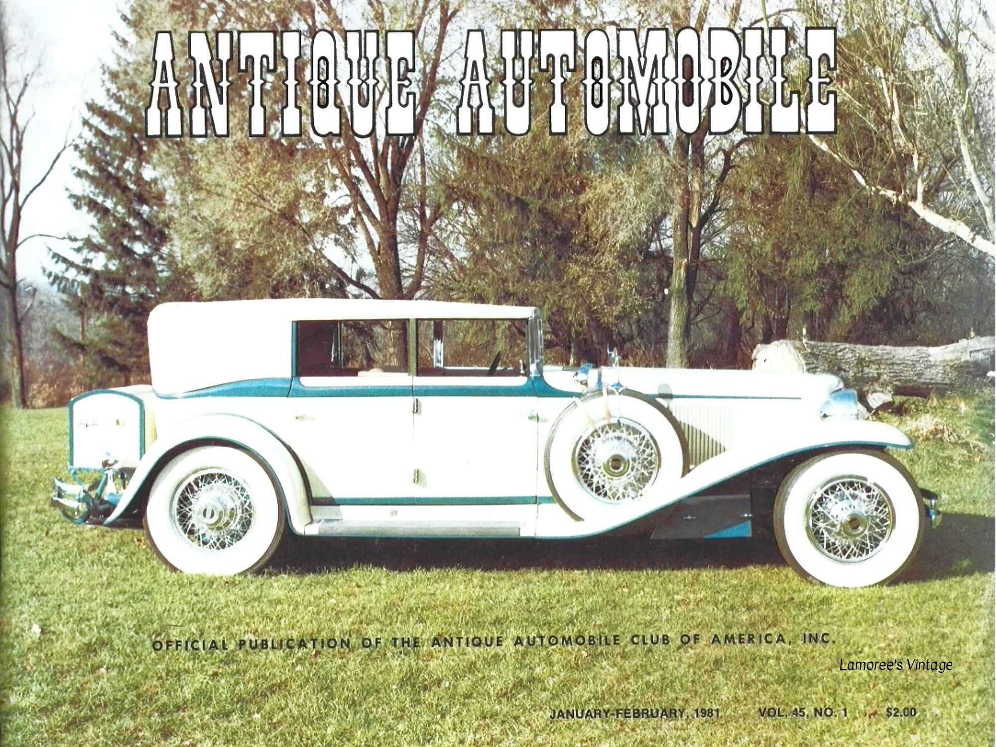 This publication from the Antique Automobile Association is Volume 45, Number 1. The group is dedicated to "the history of the automobile." 