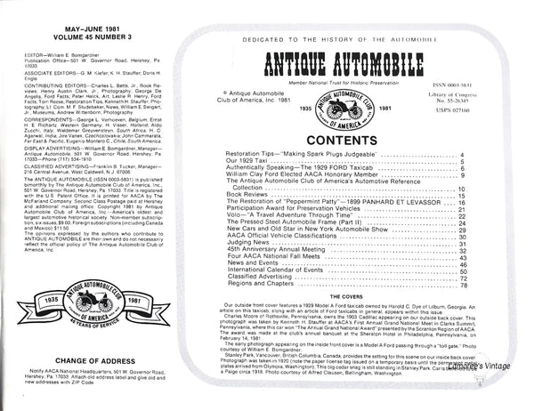 This issue of the Official Publication of the Antique Automobile Club of America, Inc, from May-June 1981 shows a 1929 Model A Ford. The back cover shows a 1903 Cadillac.