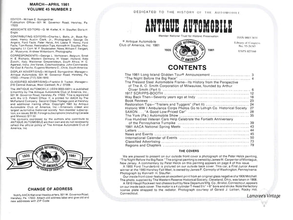 This issue of the Official Publication of the Antique Automobile Club of America, Inc, from March-April, 1981, is graced by a photograph of a Peter Helck painting,"The Night Before the Big Race".