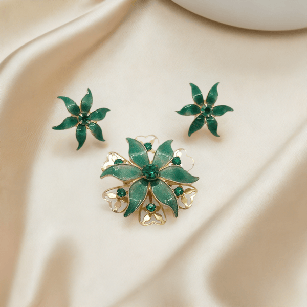 Beautiful Vintage Green Enamel and Rhinestone Brooch and Earrings Set - Lamoree’s Vintage