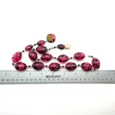 Vintage Clear Magenta and Black Striped Blown Glass Beads Necklace