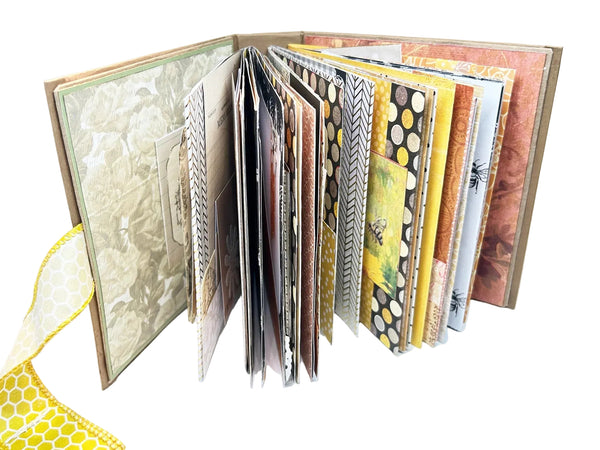 Massive Hand Crafted Mini Album Journal - Capture memories in a vintage bee-themed handcrafted mini album with multiple slots and a Velcro closure. Shop now!