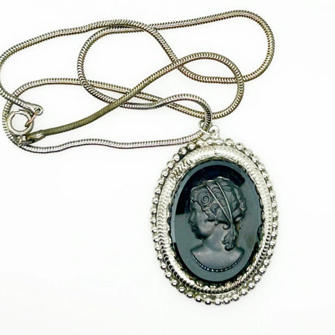 Vintage Black Carved Cameo Pendant and Chain Necklace