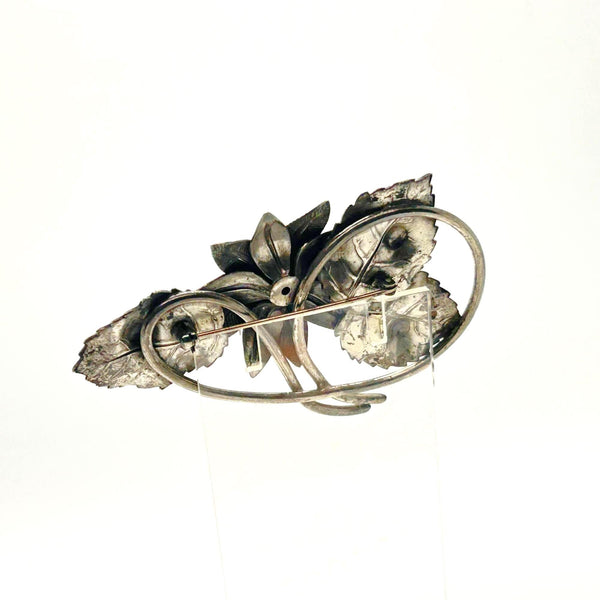 Vintage Textured Silver Flower Brooch Pin - Central Blue Faux-Gemstone