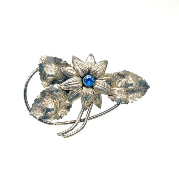 Vintage Textured Silver Flower Brooch Pin - Central Blue Faux-Gemstone