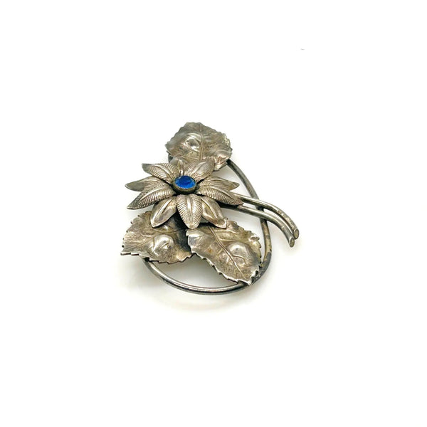 Vintage Textured Silver Flower Brooch Pin - Central Blue Faux-Gemstone