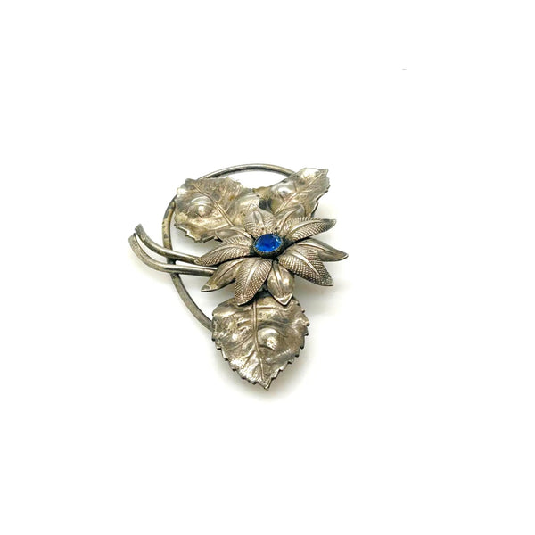 Vintage Textured Silver Flower Brooch Pin - Central Blue Faux-Gemstone