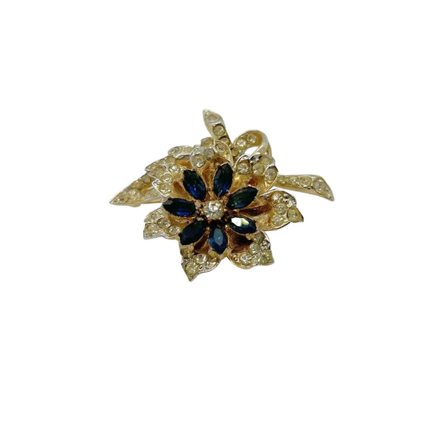 Vintage Trembler Floral Pin with Blue and White Rhinestones
