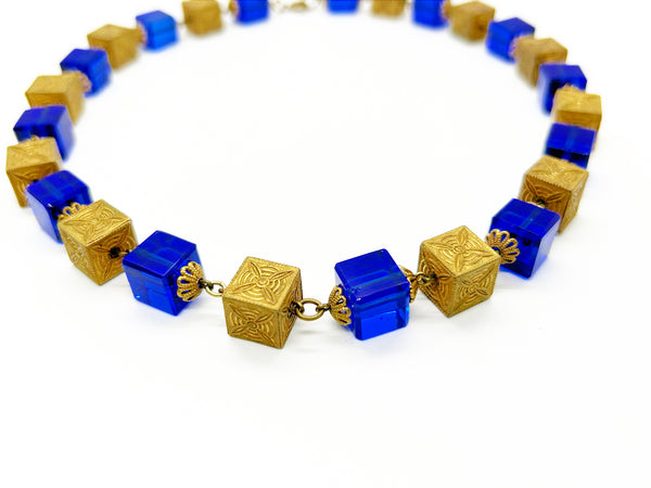 Stunning Antique Blue Glass and Brass Beads Necklace