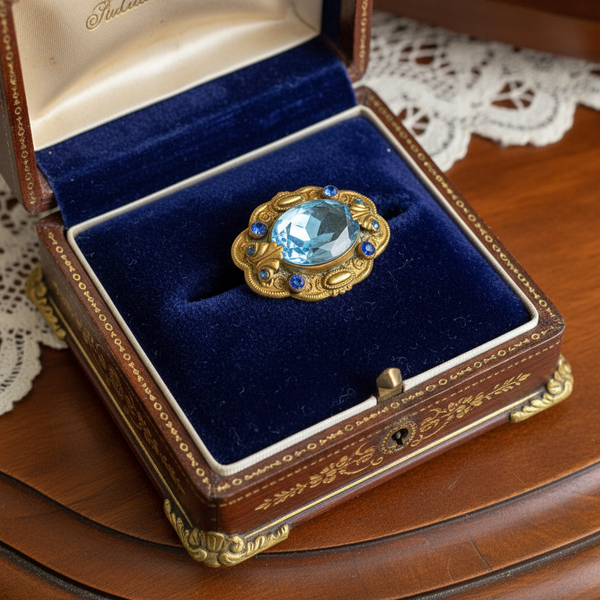 Beautiful Pale Blue Old World Brooch - Features intricate vintage craftsmanship with detailed metal and multiple shimmering blue stones. Shop now!