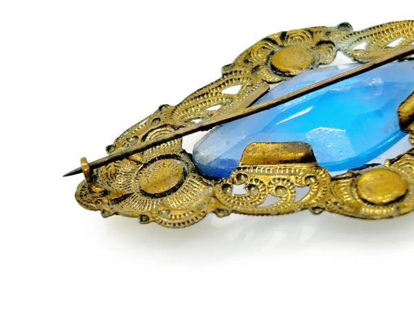 Vintage Filigree 1800s Victorian Brooch Pin with Blue Stones