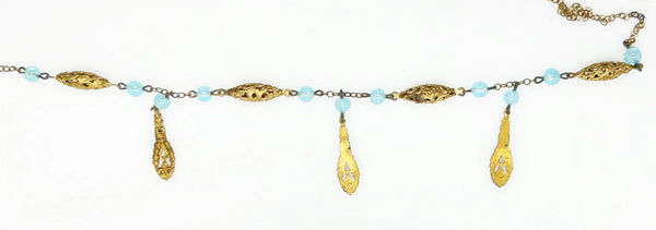 Antique 1920s Blue Glass and Filigree Bead Necklace