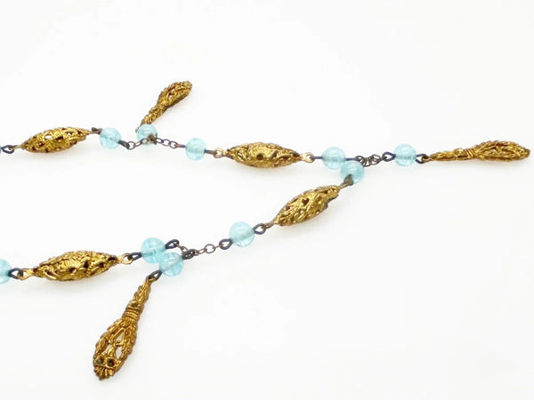 Antique 1920s Blue Glass and Filigree Bead Necklace