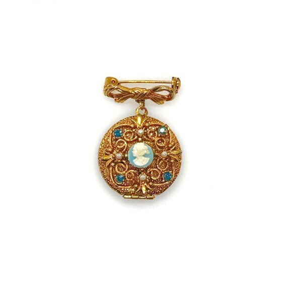 Vintage Mid-Century Victorian Revival Cameo Locket Pendant Bow Pin