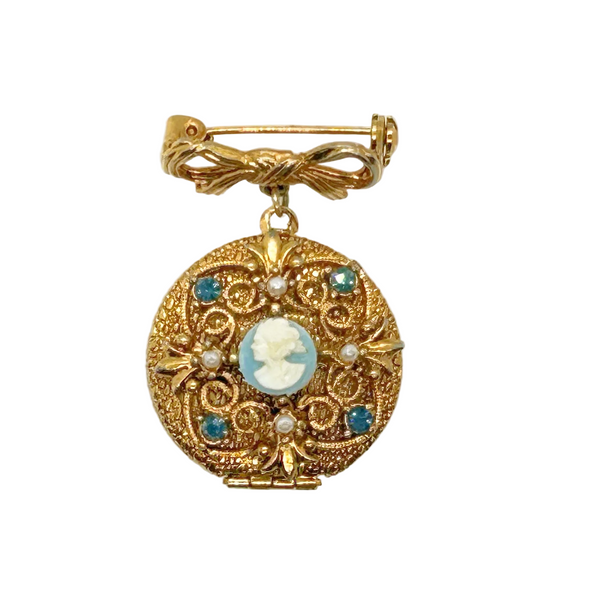 Vintage Mid-Century Victorian Revival Cameo Locket Pendant Bow Pin