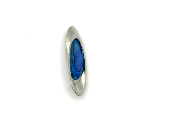 Vintage mid-century modern oval silver brooch featuring an iridescent blue and green Paua abalone shell cabochon.
