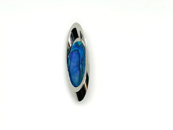 Vintage mid-century modern oval silver brooch featuring an iridescent blue and green Paua abalone shell cabochon.