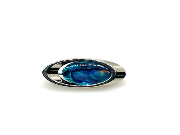 Vintage mid-century modern oval silver brooch featuring an iridescent blue and green Paua abalone shell cabochon.