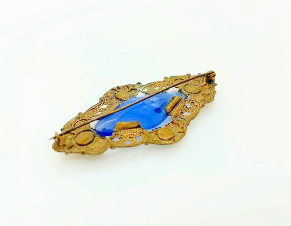 Vintage Filigree 1800s Victorian Brooch Pin with Blue Stones