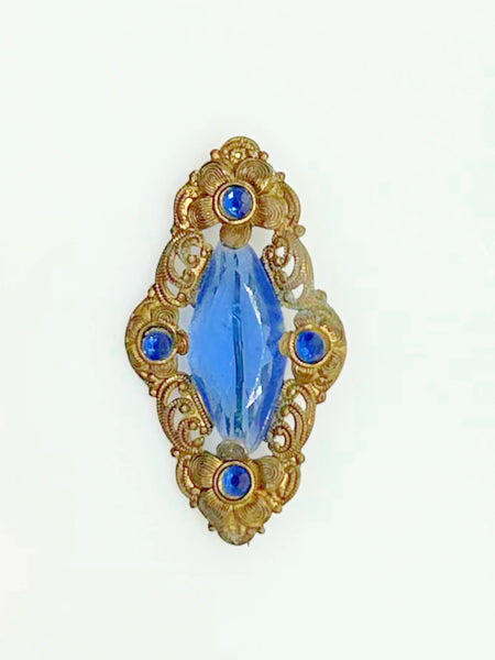 Vintage Filigree 1800s Victorian Brooch Pin with Blue Stones