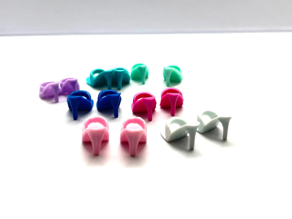 Vintage Barbie doll open toe mule heels shoes replacement lot of 7 matching pairs in multi-color pastel and bright shades for 11.5 inch fashion dolls.
