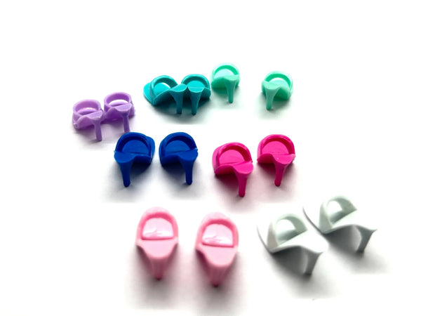 Vintage Barbie doll open toe mule heels shoes replacement lot of 7 matching pairs in multi-color pastel and bright shades for 11.5 inch fashion dolls.
