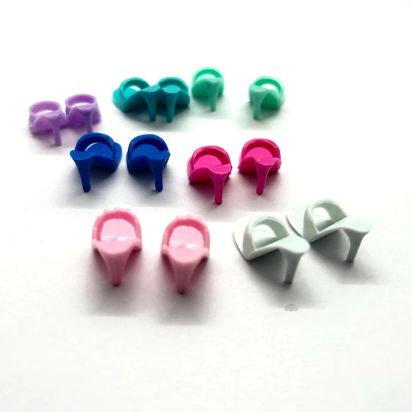 Vintage Barbie doll open toe mule heels shoes replacement lot of 7 matching pairs in multi-color pastel and bright shades for 11.5 inch fashion dolls.
