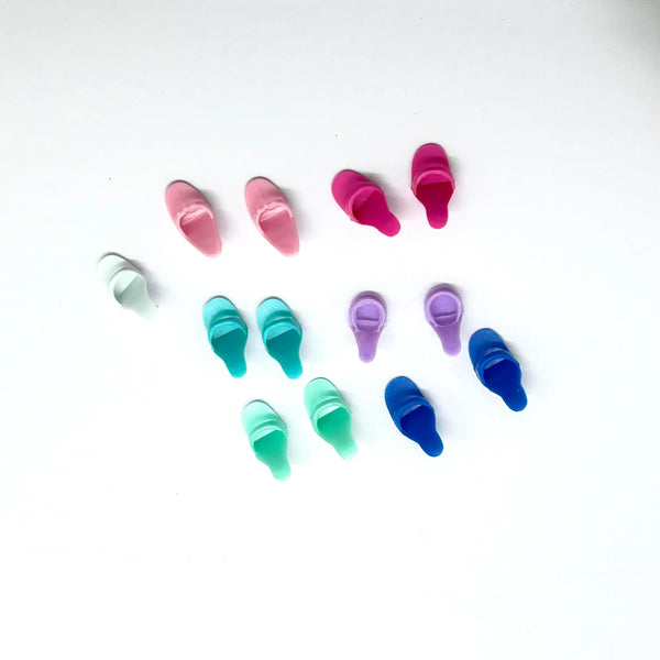 Vintage Barbie doll open toe mule heels shoes replacement lot of 7 matching pairs in multi-color pastel and bright shades for 11.5 inch fashion dolls.
